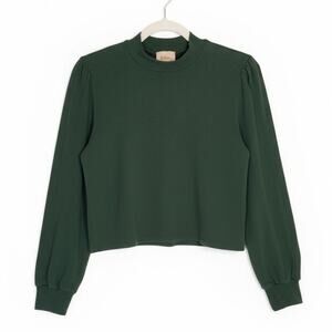 Elie Tahari Forest Green Mock Neck Puff Sleeve Sweater Lyocell Blend L Capsule